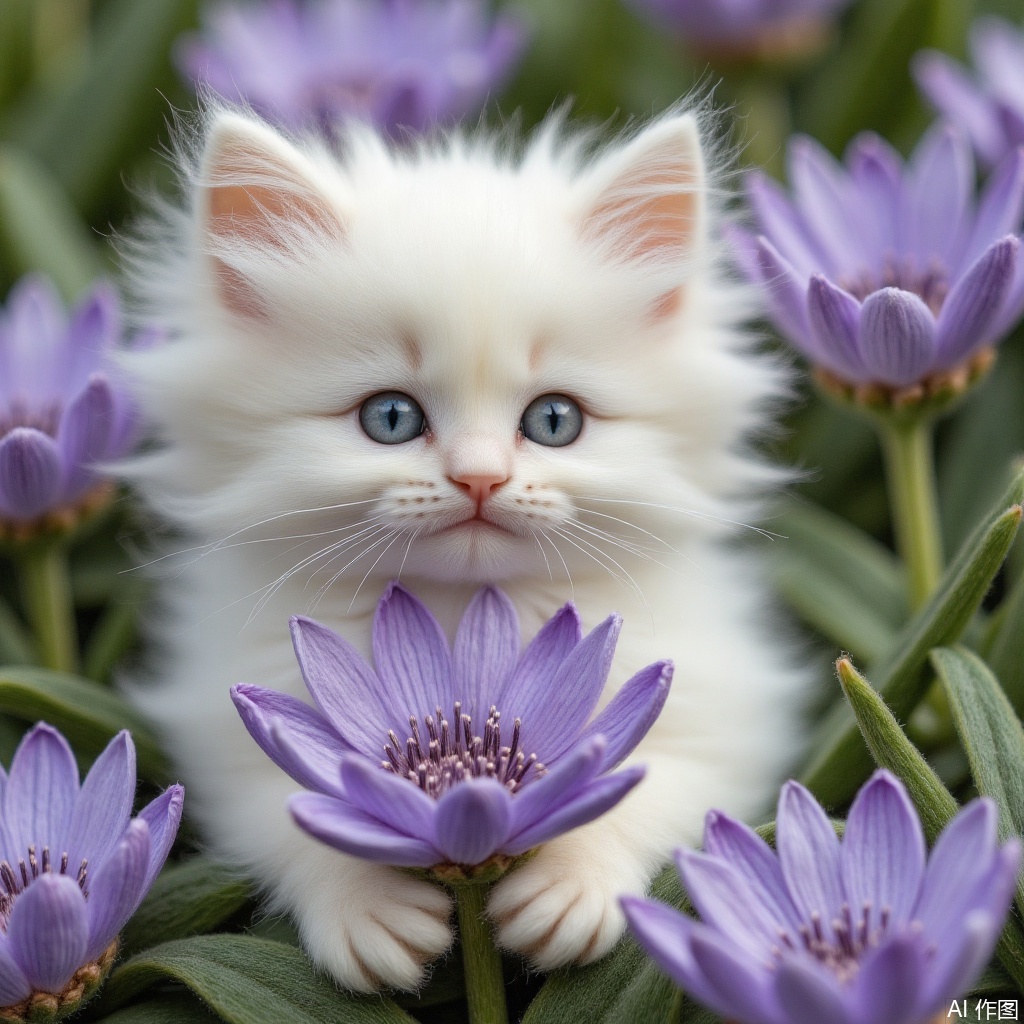 looking at viewer, blue eyes, flower, water, no humans, animal, cat, realistic, purple flower, photo \(object\), animal focus, whiskers