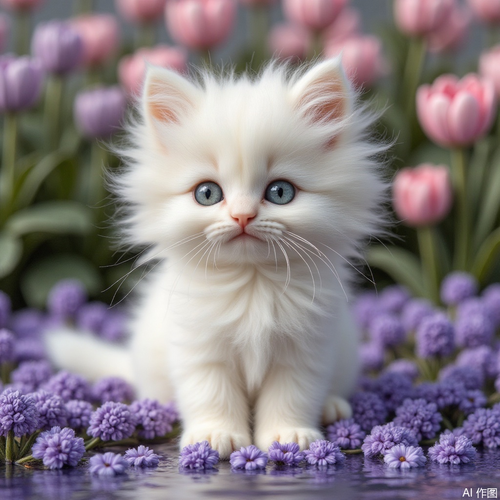 looking at viewer, blue eyes, flower, water, no humans, animal, cat, realistic, purple flower, photo \(object\), animal focus, whiskers