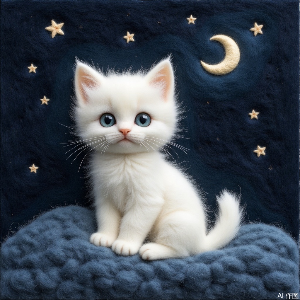 blue eyes, sitting, star \(symbol\), no humans, animal, moon, cat, crescent, realistic, animal focus