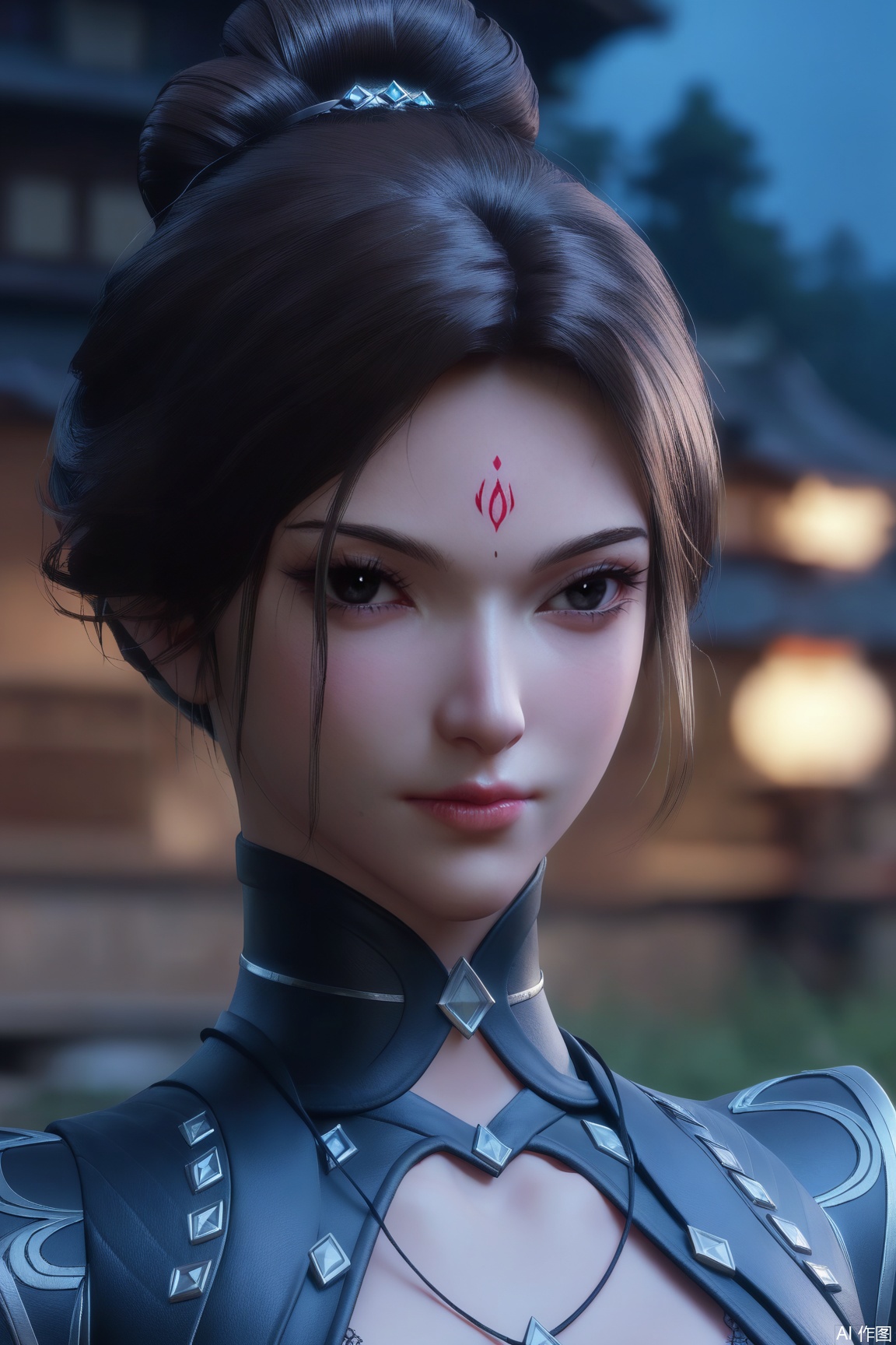 score_9, score_8_up, score_7_up,
1girl, solo, breasts, looking at viewer, short hair, brown hair, black hair, cleavage, jewelry, closed mouth, upper body, necklace, hair bun, blurry, black eyes, lips, blurry background, facial mark, single hair bun, forehead mark, nose