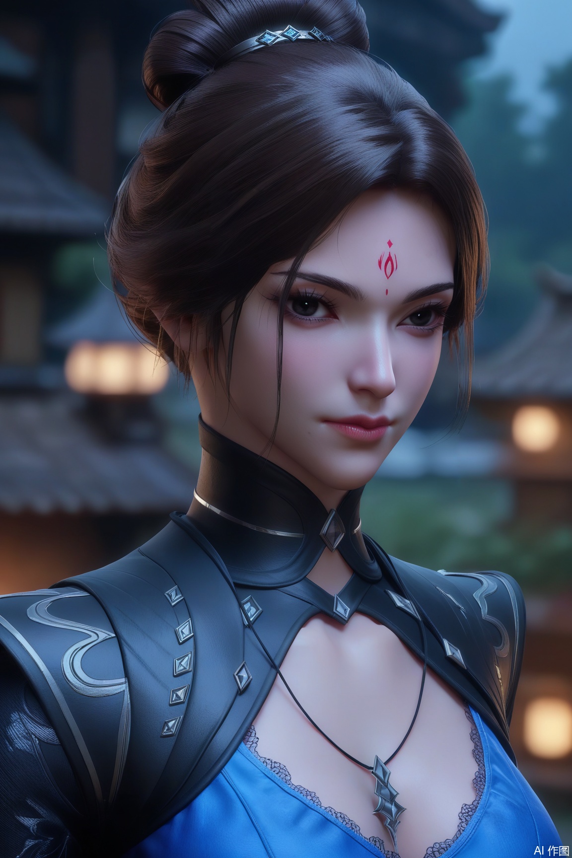 score_9, score_8_up, score_7_up,
1girl, solo, breasts, looking at viewer, short hair, brown hair, black hair, cleavage, jewelry, closed mouth, upper body, necklace, hair bun, blurry, black eyes, lips, blurry background, facial mark, single hair bun, forehead mark, nose