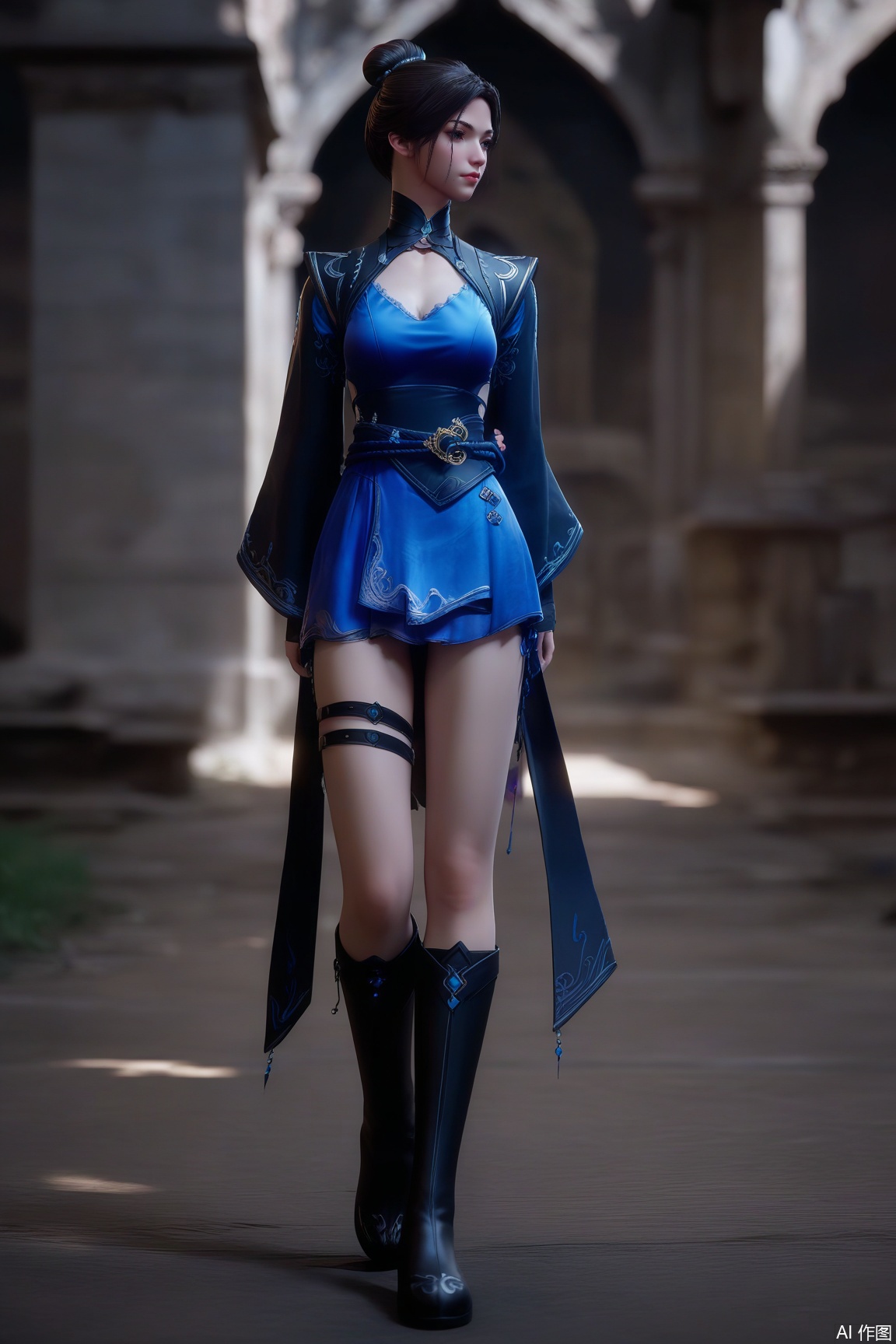 score_9, score_8_up, score_7_up,
1girl, solo, breasts, black hair, dress, standing, full body, boots, hair bun, black footwear, thigh strap, blue dress, single hair bun