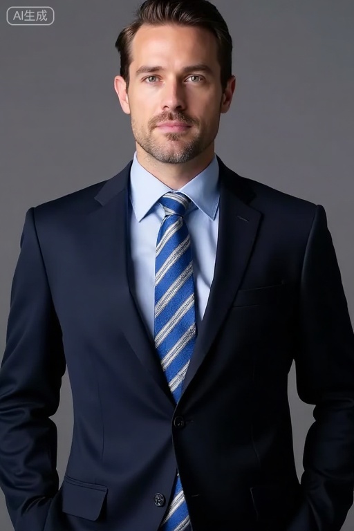 Formal men's suit,worn on men with blue striped tie.,