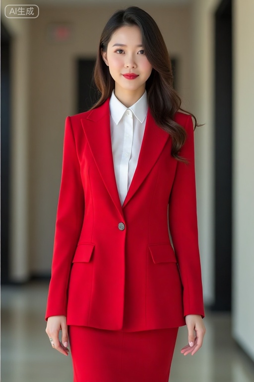  business clothes,short skirt,shirt,Office background,sexy,Asian teenager,delicate makeup,red suit,red pencil skirt,white blouse,half-length shot,HD,art portrait,photography,magenta lipstick,Stand and look at the audience,