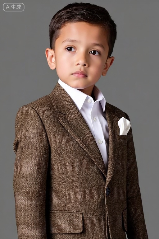 Boy, dressed in a classic brown plaid pattern suit, with a white shirt and pocket square, close-up, photo-quality,