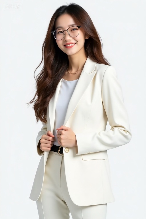 Suit,Pants,shirt,belt,glasses,Office lady,long brown hair and curly hair,smile,light white suit,white shirt,hands on chest,white background,Asian girl,delicate makeup,simple background,half-length photo,light white suit pants,black belt,round glasses,