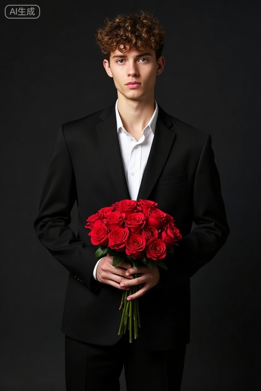 Realistic photography of FRESHIDEAS light and shadow A young man in a suit holds a bouquet of red roses,