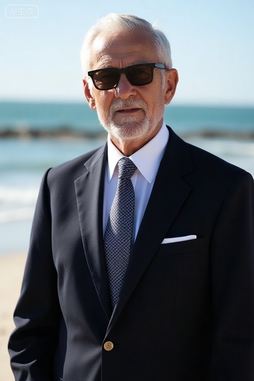 suit,European and American men,glasses,tie,Suit,elder,watch,Suit, elder, necktie,beach,wristwatch, suit old man, handsome side, watch, seaside scenery, Rembrandt lighting, light photography, ultra-high definition digital photos, (reality), masterpieces, best quality, highest details, brightness, professional photography, depth of field, crazy details, texture of texture, complexity, beauty, portrait photos, European and American old men, sunglasses,