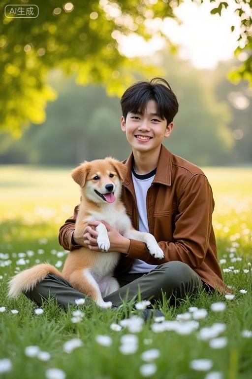 dog,Asian Boys,flower photography,jacket,shirt,A lush green grass full of white daisies,Asian boys holding a Chai Dog puppy,boys wearing brown leather jacket and white shirt,sitting on the ground,a happy expression on his face,the dog looks very happy,sticking out his tongue,may be panting or smiling,the sun through the gaps in the leaves,shed warm light,creating a quiet and peaceful atmosphere,