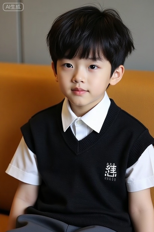Chinese boy,black short hair,school uniform,sitting,fashion,close-up,sofa,