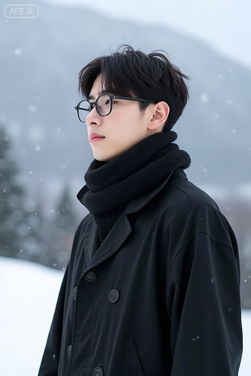 scarf,mountain view,windbreaker,glasses,zoey,Snow,photo,snow,a man wearing a scarf standing in the snow,blur,he was wearing a black fashion trench coat,snowflakes fell around him,creating a peaceful and serene atmosphere,exquisite makeup,handsome,artistic photo,juvenile photo,realism,4K,round-frame glasses,half-body photo,side photo,