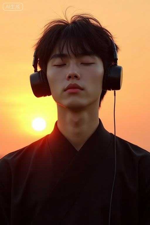 Chinese young men,sunset,black tunic suit,short black hair,closed eyes,solo,meditation,black headphones,close-up,Half-up,