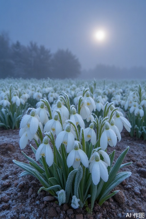 Exquisite scenery,
The frost moonlight spreads across the wilderness, and millions of lily lilies of the valley hang down their heads in the cold fog. The white petals are wrapped in ice crystals, and each fold is filled with dew that is about to fall, as if countless sighs have been sealed. The cold wind blew across the flower waves, lily of the valley trembled slightly, and the fine petals rose like snow, falling on the dark brown soil. The remaining petals intertwined with frost flowers, and in the hazy halo, vitality and withering silently confronted each other, so beautiful that it made people's eyes hot, as if they witnessed a gentle and decisive farewell, and the beauty of the beauty was eternally solidified in the cold.