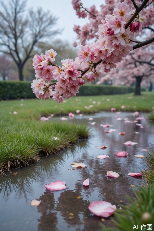 Exquisite scenery,
The sudden rain in late spring has just stopped, and the whole lawn has turned into a broken glass dream. The withered cherry blossoms cover the tips of the tender green grass, and the pink and white petals are soaked in the rain, curling up heavily into a ball, like the crushed moonlight. The accumulated water reflects the residual petals and the gray sky, and the cool-toned light and shadow twist and dissipate in the ripples. The wind swept across the wet branches, and a few hanging crabapples faintly red on the mud, like silent tears, which were so beautiful that they were thrilling that they were stained with sadness and melancholy.