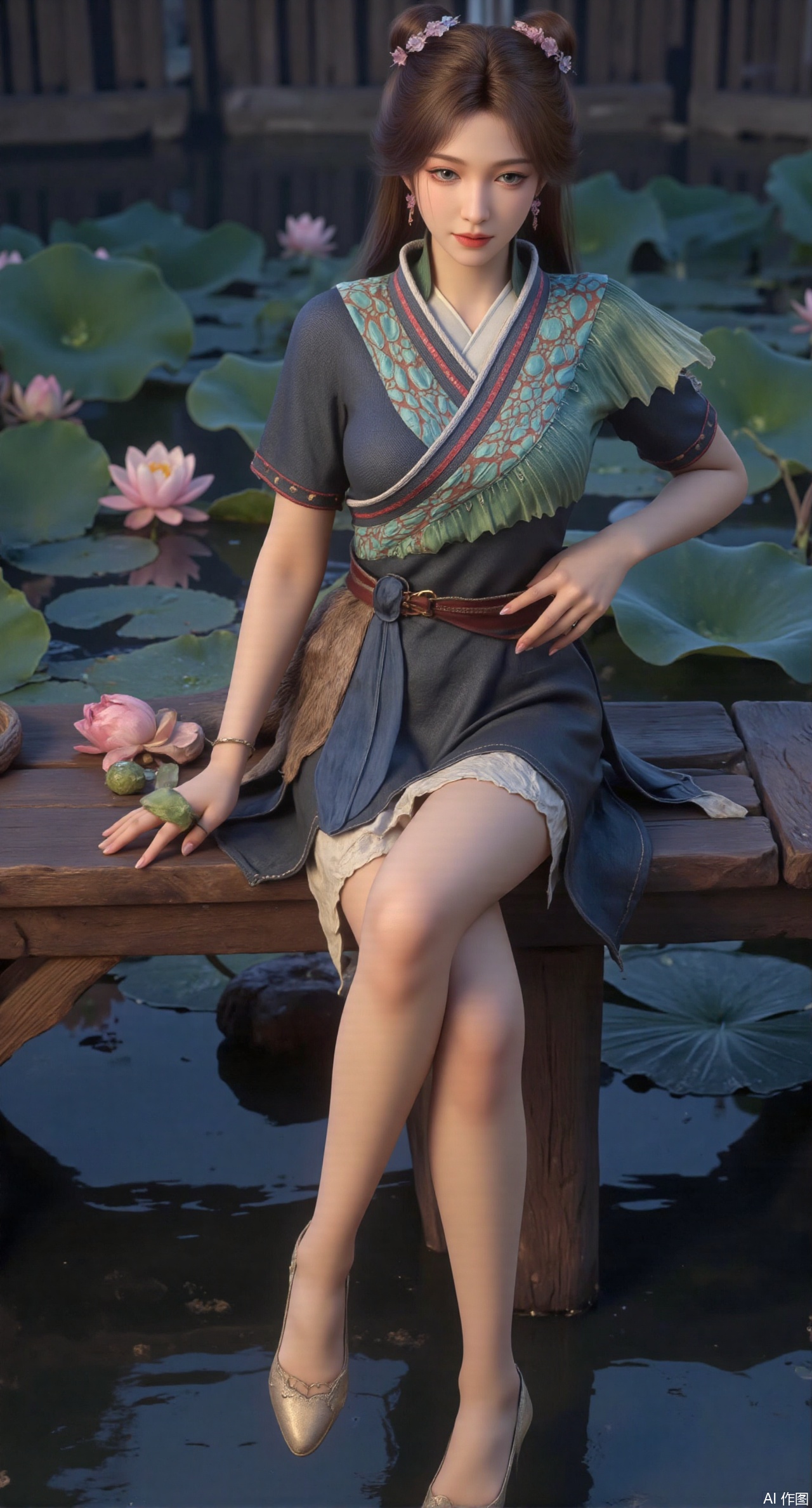 (masterpiece:1.2),best quality,The image is a digital illustration of a young woman sitting on a wooden bench in a pond with lily pads. She is wearing a long dress with design on the chest and sleeves. The dress has a high neckline and short sleeves,Holding a lotus in hand. She has long dark hair styled in loose waves and is wearing gold high heels. The woman is posing with one hand on her hip and the other resting on the edge of the bench. The background is filled with pink and white lotus flowers and green leaves. The overall mood of the image is peaceful and serene,(huge breasts:2.99),(full breasts:2.99),(Background with traditional Chinese architecture, lotus pond and pink lotus flowers:1.39),XzhihuaX,Xleidianjiangjun,Xyuenanaodai,XmeiningSMW