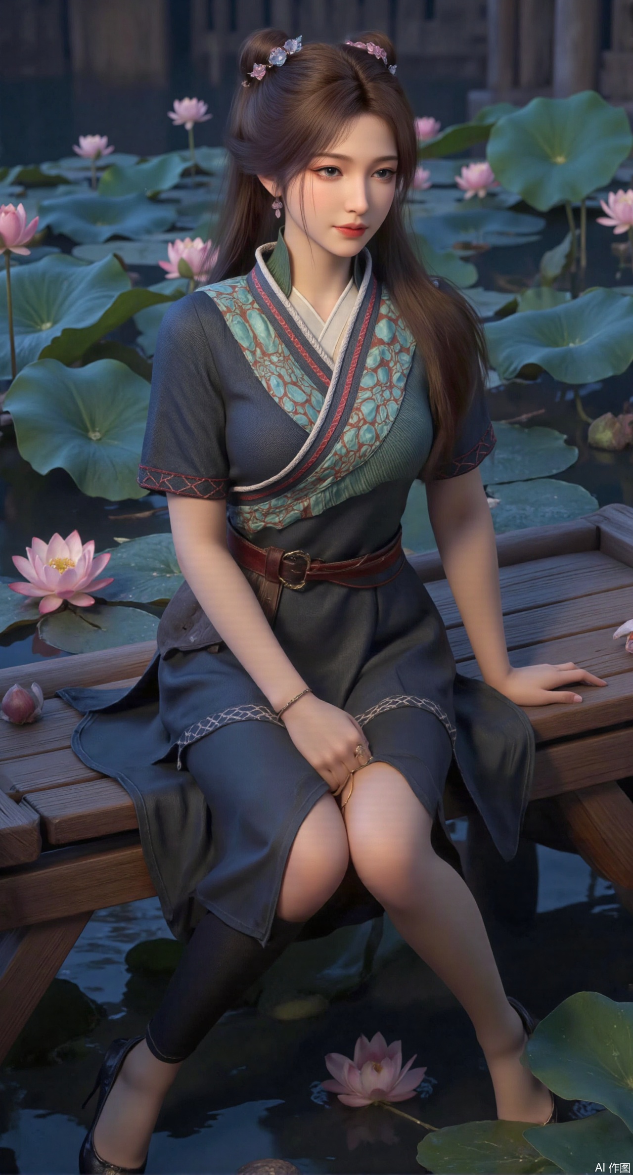 (masterpiece:1.2),best quality,The image is a digital illustration of a young woman sitting on a wooden bench in a pond with lily pads. She is wearing a long dress with design on the chest and sleeves. The dress has a high neckline and short sleeves,Holding a lotus in hand. She has long dark hair styled in loose waves and is wearing gold high heels. The woman is posing with one hand on her hip and the other resting on the edge of the bench. The background is filled with pink and white lotus flowers and green leaves. The overall mood of the image is peaceful and serene,(huge breasts:2.99),(full breasts:2.99),(Background with traditional Chinese architecture, lotus pond and pink lotus flowers:1.39),XzhihuaX,Xleidianjiangjun,Xyuenanaodai,XmeiningSMW