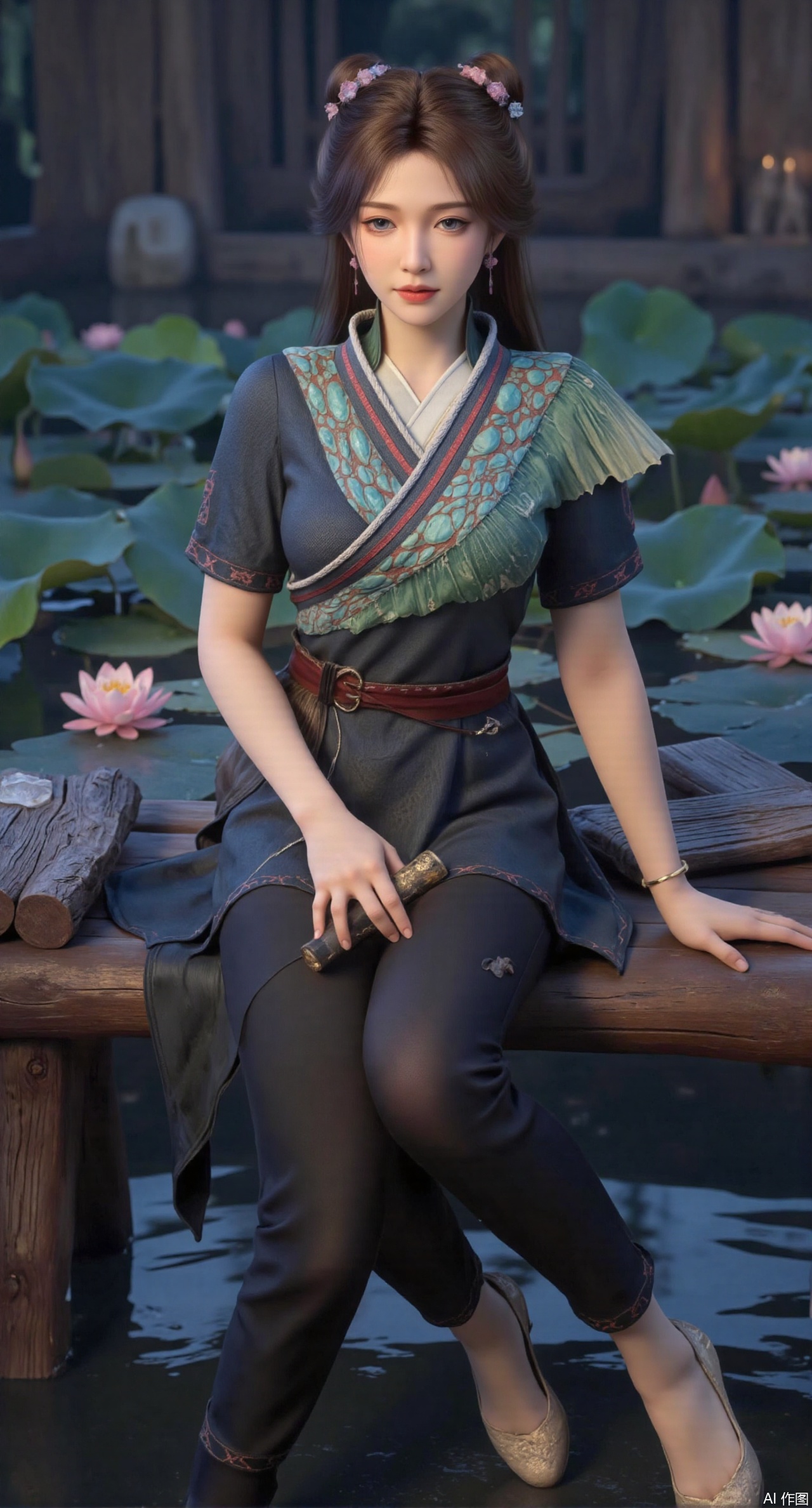 (masterpiece:1.2),best quality,The image is a digital illustration of a young woman sitting on a wooden bench in a pond with lily pads. She is wearing a long dress with design on the chest and sleeves. The dress has a high neckline and short sleeves,Holding a lotus in hand. She has long dark hair styled in loose waves and is wearing gold high heels. The woman is posing with one hand on her hip and the other resting on the edge of the bench. The background is filled with pink and white lotus flowers and green leaves. The overall mood of the image is peaceful and serene,(huge breasts:2.99),(full breasts:2.99),(Background with traditional Chinese architecture, lotus pond and pink lotus flowers:1.39),XzhihuaX,Xleidianjiangjun,Xyuenanaodai,XmeiningSMW