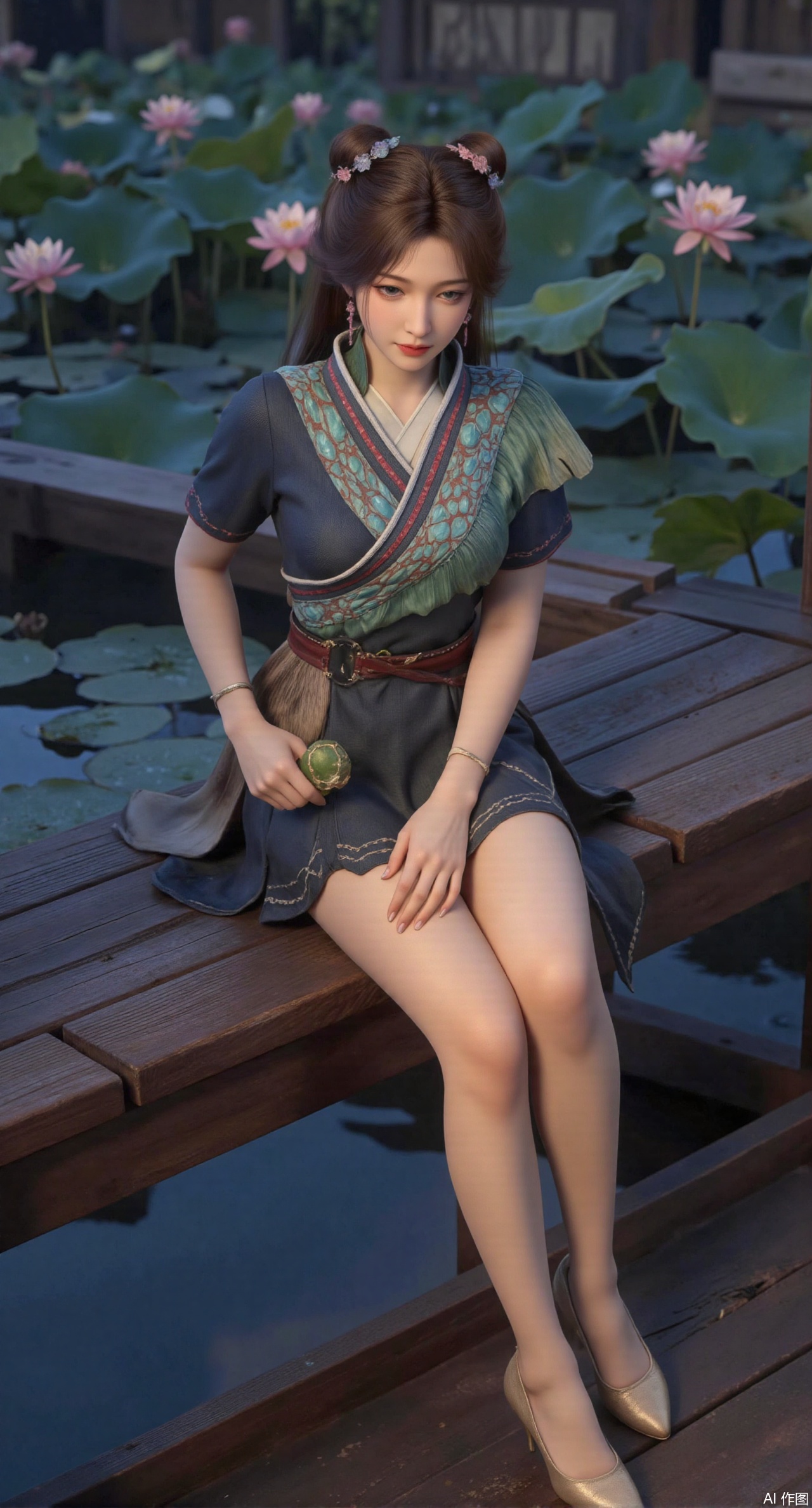 (masterpiece:1.2),best quality,The image is a digital illustration of a young woman sitting on a wooden bench in a pond with lily pads. She is wearing a long dress with design on the chest and sleeves. The dress has a high neckline and short sleeves,Holding a lotus in hand. She has long dark hair styled in loose waves and is wearing gold high heels. The woman is posing with one hand on her hip and the other resting on the edge of the bench. The background is filled with pink and white lotus flowers and green leaves. The overall mood of the image is peaceful and serene,(huge breasts:2.99),(full breasts:2.99),(Background with traditional Chinese architecture, lotus pond and pink lotus flowers:1.39),XzhihuaX,Xleidianjiangjun,Xyuenanaodai,XmeiningSMW