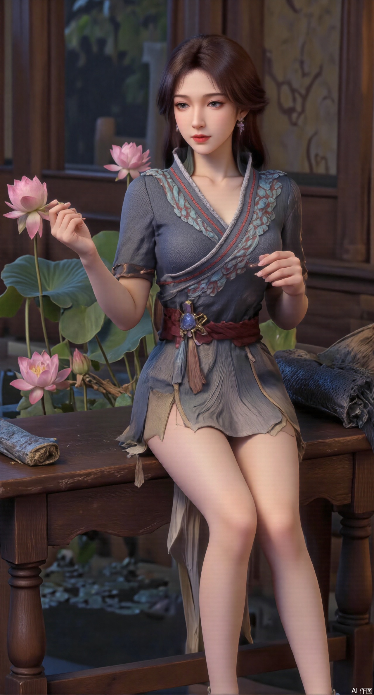 (masterpiece:1.2),best quality,The image is a digital illustration of a young woman sitting on a wooden bench in a pond with lily pads. She is wearing a long dress with design on the chest and sleeves. The dress has a high neckline and short sleeves,Holding a lotus in hand. She has long dark hair styled in loose waves and is wearing gold high heels. The woman is posing with one hand on her hip and the other resting on the edge of the bench. The background is filled with pink and white lotus flowers and green leaves. The overall mood of the image is peaceful and serene,(huge breasts:2.99),(full breasts:2.99),(Background with traditional Chinese architecture, lotus pond and pink lotus flowers:1.39),Xyuenanaodai,XzhihuaX,Xleidianjiangjun,Xxianingshuang,XmeiningSMW,XiPhone17Pro