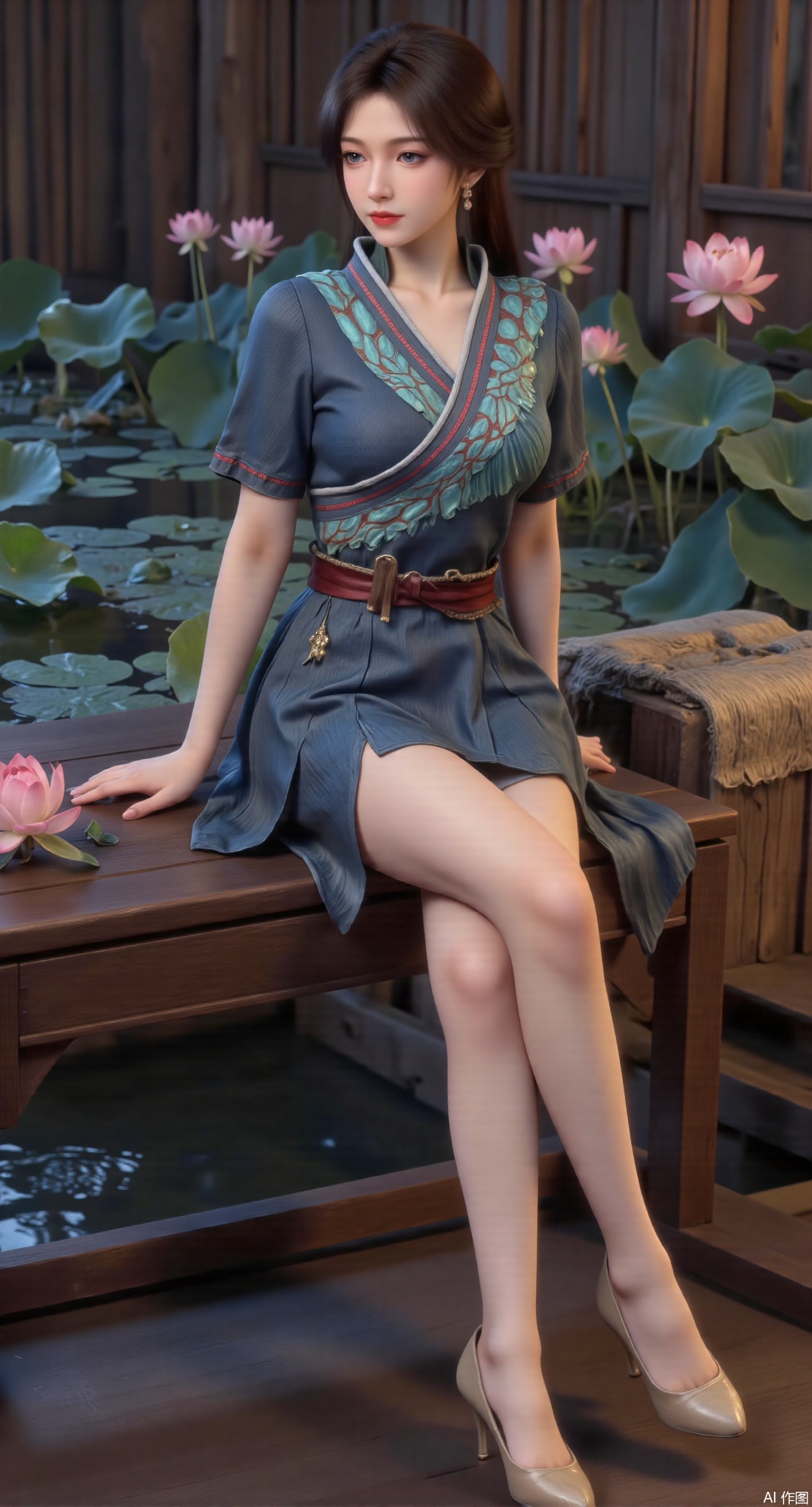 (masterpiece:1.2),best quality,The image is a digital illustration of a young woman sitting on a wooden bench in a pond with lily pads. She is wearing a long dress with design on the chest and sleeves. The dress has a high neckline and short sleeves,Holding a lotus in hand. She has long dark hair styled in loose waves and is wearing gold high heels. The woman is posing with one hand on her hip and the other resting on the edge of the bench. The background is filled with pink and white lotus flowers and green leaves. The overall mood of the image is peaceful and serene,(huge breasts:2.99),(full breasts:2.99),(Background with traditional Chinese architecture, lotus pond and pink lotus flowers:1.39),Xyuenanaodai,XzhihuaX,Xleidianjiangjun,Xxianingshuang,XmeiningSMW,XiPhone17Pro
