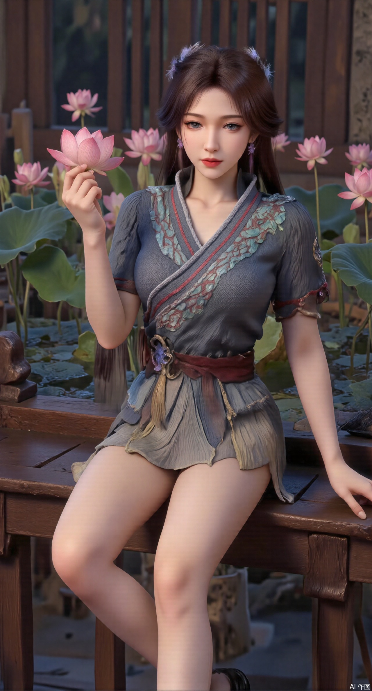 (masterpiece:1.2),best quality,The image is a digital illustration of a young woman sitting on a wooden bench in a pond with lily pads. She is wearing a long dress with design on the chest and sleeves. The dress has a high neckline and short sleeves,Holding a lotus in hand. She has long dark hair styled in loose waves and is wearing gold high heels. The woman is posing with one hand on her hip and the other resting on the edge of the bench. The background is filled with pink and white lotus flowers and green leaves. The overall mood of the image is peaceful and serene,(huge breasts:2.99),(full breasts:2.99),(Background with traditional Chinese architecture, lotus pond and pink lotus flowers:1.39),Xyuenanaodai,XzhihuaX,Xleidianjiangjun,Xxianingshuang,XmeiningSMW,XiPhone17Pro