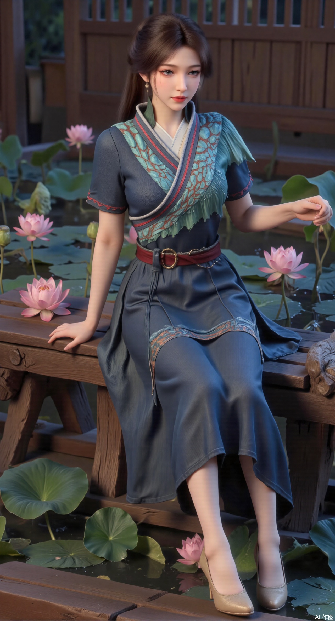 (masterpiece:1.2),best quality,The image is a digital illustration of a young woman sitting on a wooden bench in a pond with lily pads. She is wearing a long dress with design on the chest and sleeves. The dress has a high neckline and short sleeves,Holding a lotus in hand. She has long dark hair styled in loose waves and is wearing gold high heels. The woman is posing with one hand on her hip and the other resting on the edge of the bench. The background is filled with pink and white lotus flowers and green leaves. The overall mood of the image is peaceful and serene,(huge breasts:2.99),(full breasts:2.99),(Background with traditional Chinese architecture, lotus pond and pink lotus flowers:1.39),Xyuenanaodai,XzhihuaX,Xleidianjiangjun,Xxianingshuang,XmeiningSMW,XiPhone17Pro