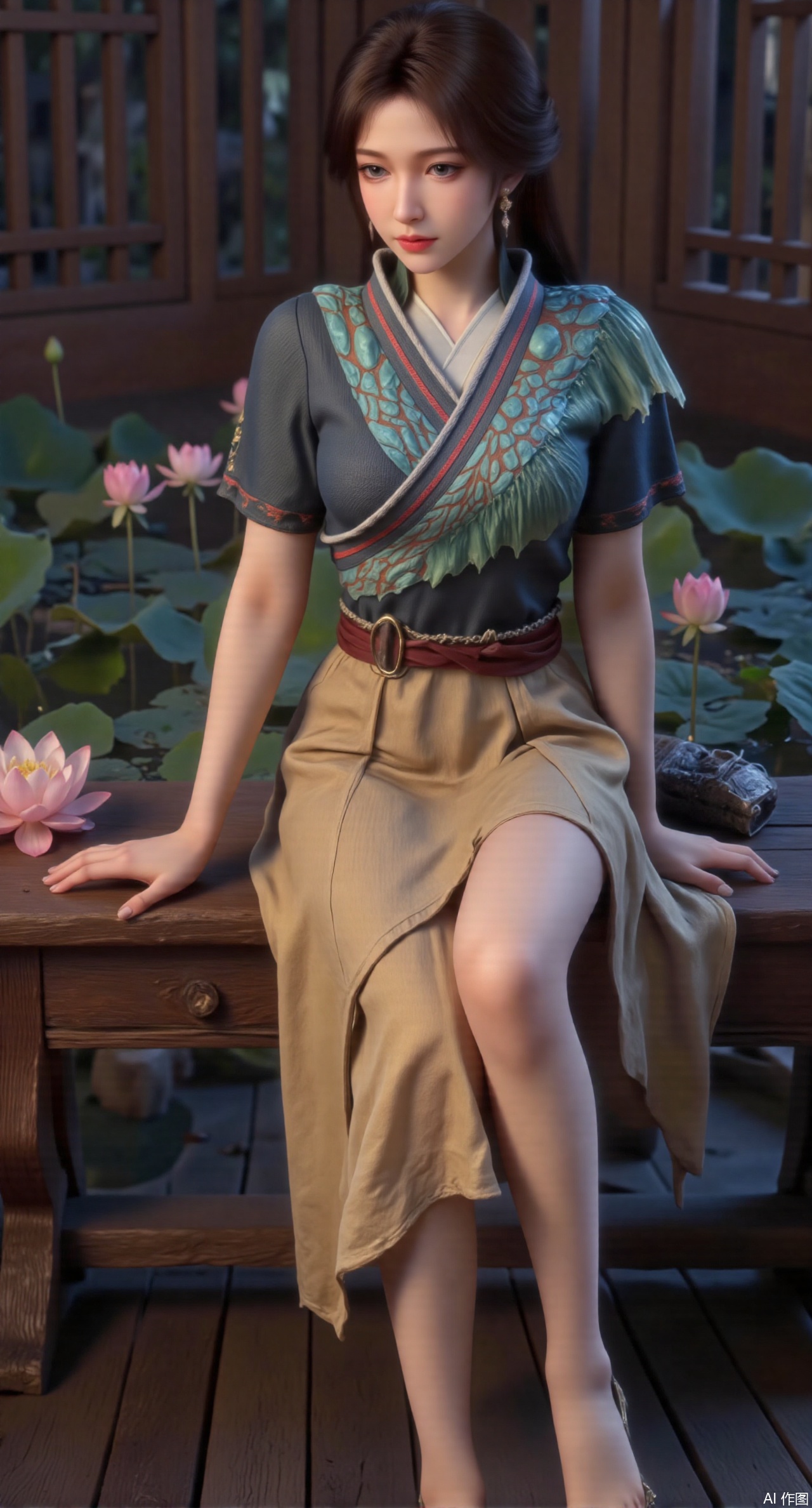 (masterpiece:1.2),best quality,The image is a digital illustration of a young woman sitting on a wooden bench in a pond with lily pads. She is wearing a long dress with design on the chest and sleeves. The dress has a high neckline and short sleeves,Holding a lotus in hand. She has long dark hair styled in loose waves and is wearing gold high heels. The woman is posing with one hand on her hip and the other resting on the edge of the bench. The background is filled with pink and white lotus flowers and green leaves. The overall mood of the image is peaceful and serene,(huge breasts:2.99),(full breasts:2.99),(Background with traditional Chinese architecture, lotus pond and pink lotus flowers:1.39),Xyuenanaodai,XzhihuaX,Xleidianjiangjun,Xxianingshuang,XmeiningSMW,XiPhone17Pro