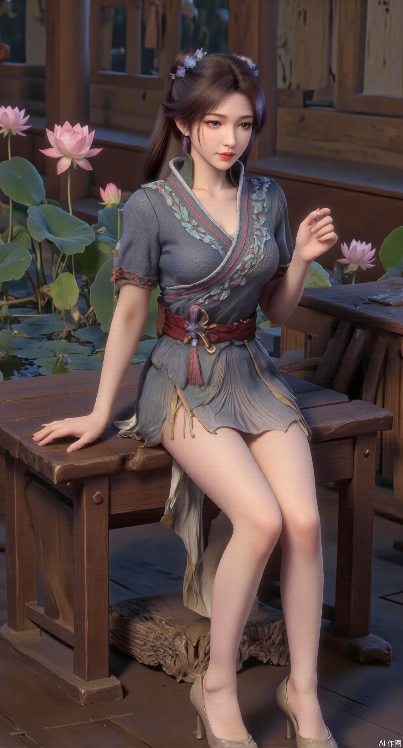 (masterpiece:1.2),best quality,The image is a digital illustration of a young woman sitting on a wooden bench in a pond with lily pads. She is wearing a long dress with design on the chest and sleeves. The dress has a high neckline and short sleeves,Holding a lotus in hand. She has long dark hair styled in loose waves and is wearing gold high heels. The woman is posing with one hand on her hip and the other resting on the edge of the bench. The background is filled with pink and white lotus flowers and green leaves. The overall mood of the image is peaceful and serene,(huge breasts:2.99),(full breasts:2.99),(Background with traditional Chinese architecture, lotus pond and pink lotus flowers:1.39),Xyuenanaodai,XzhihuaX,Xleidianjiangjun,Xxianingshuang,XmeiningSMW,XiPhone17Pro