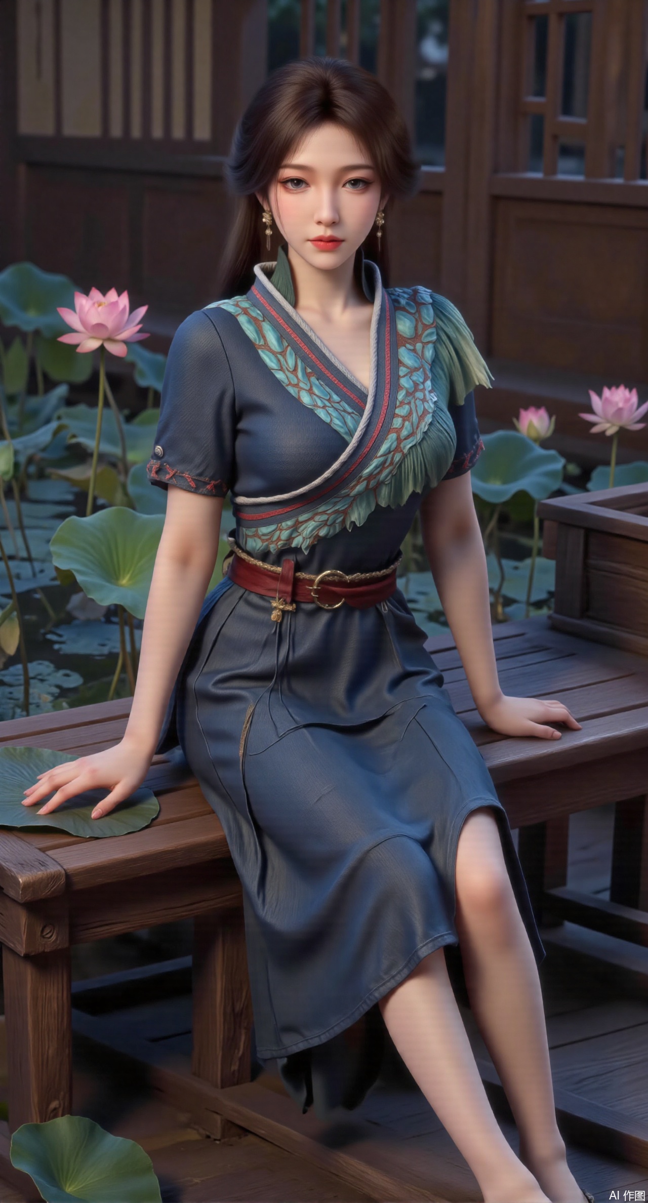 (masterpiece:1.2),best quality,The image is a digital illustration of a young woman sitting on a wooden bench in a pond with lily pads. She is wearing a long dress with design on the chest and sleeves. The dress has a high neckline and short sleeves,Holding a lotus in hand. She has long dark hair styled in loose waves and is wearing gold high heels. The woman is posing with one hand on her hip and the other resting on the edge of the bench. The background is filled with pink and white lotus flowers and green leaves. The overall mood of the image is peaceful and serene,(huge breasts:2.99),(full breasts:2.99),(Background with traditional Chinese architecture, lotus pond and pink lotus flowers:1.39),Xyuenanaodai,XzhihuaX,Xleidianjiangjun,Xxianingshuang,XmeiningSMW,XiPhone17Pro