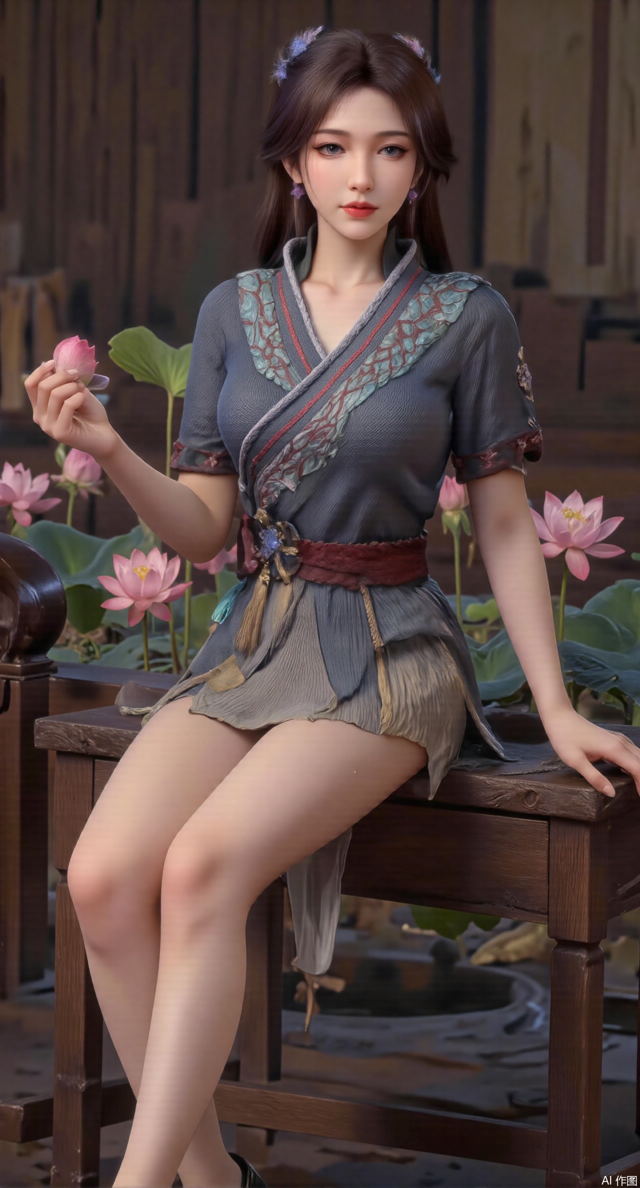 (masterpiece:1.2),best quality,The image is a digital illustration of a young woman sitting on a wooden bench in a pond with lily pads. She is wearing a long dress with design on the chest and sleeves. The dress has a high neckline and short sleeves,Holding a lotus in hand. She has long dark hair styled in loose waves and is wearing gold high heels. The woman is posing with one hand on her hip and the other resting on the edge of the bench. The background is filled with pink and white lotus flowers and green leaves. The overall mood of the image is peaceful and serene,(huge breasts:2.99),(full breasts:2.99),(Background with traditional Chinese architecture, lotus pond and pink lotus flowers:1.39),Xyuenanaodai,XzhihuaX,Xleidianjiangjun,Xxianingshuang,XmeiningSMW,XiPhone17Pro