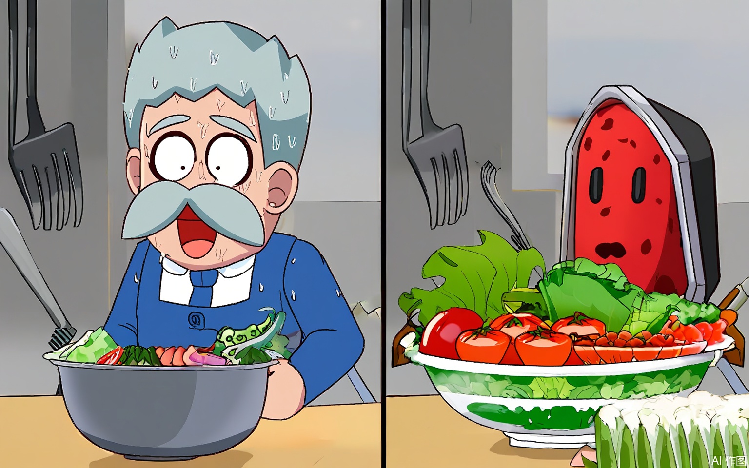 KXCC, A sweating tomato with a mustache cowers behind a salad bowl shield, as a laughing lettuce head wields a giant fork, dressing splatters erupting in a grocery store aisle where sentient produce stage a coup.

