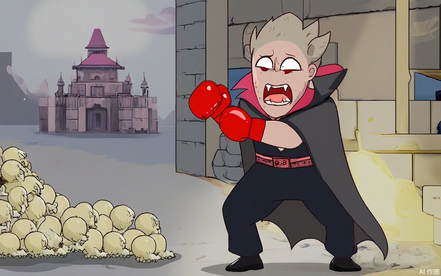 KXCC, A terrified vampire bat in a tiny cape flaps wildly, fangs chattering, as a garlic bulb with boxing gloves winds up a punch, moonlit castle towers crumbling under a stampede of garlic-themed monsters.

