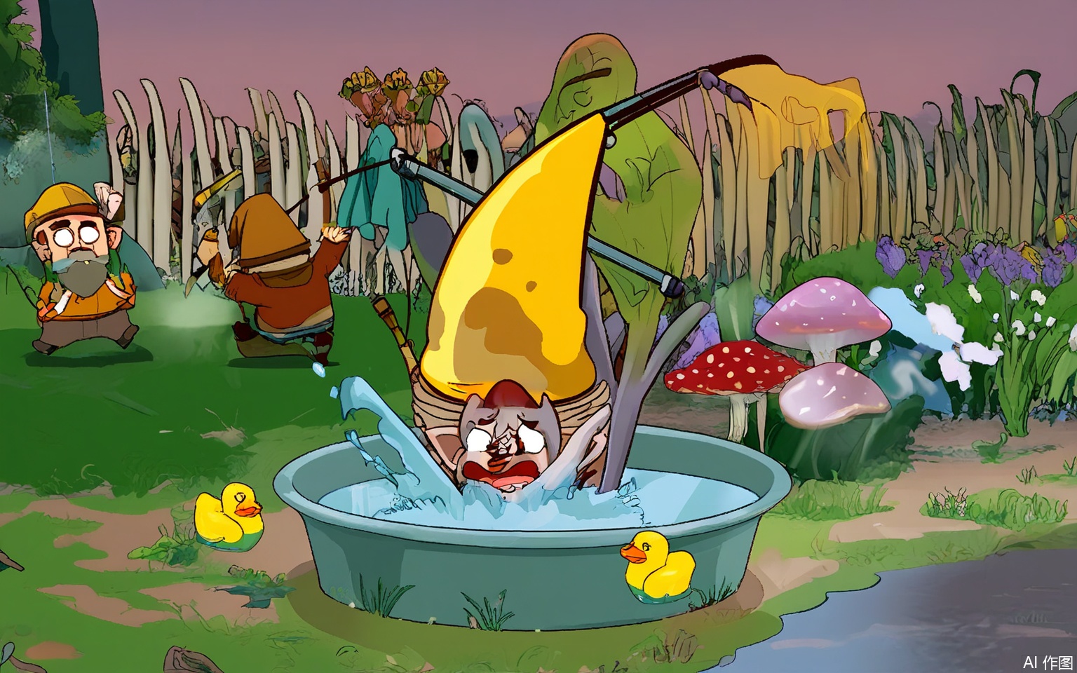 KXCC, A startled garden gnome with a fishing rod screams as a giant goldfish leaps from a birdbath, water splashing, mushrooms fleeing in a backyard where rubber ducks pilot lawnmowers.
