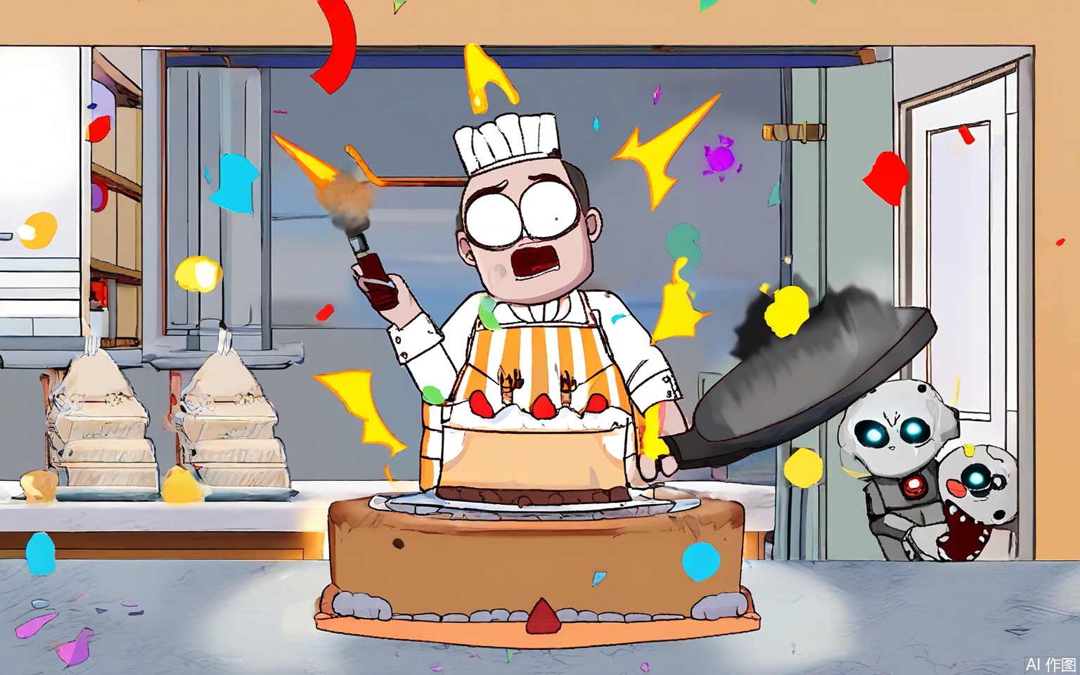 KXCC, A chubby chef in a striped apron jumps in surprise, holding a smoking frying pan, while a slender robot with glowing eyes cowers behind a toppled cake stand, confetti exploding in rainbow bursts around a kitchen with sentient utensils.


