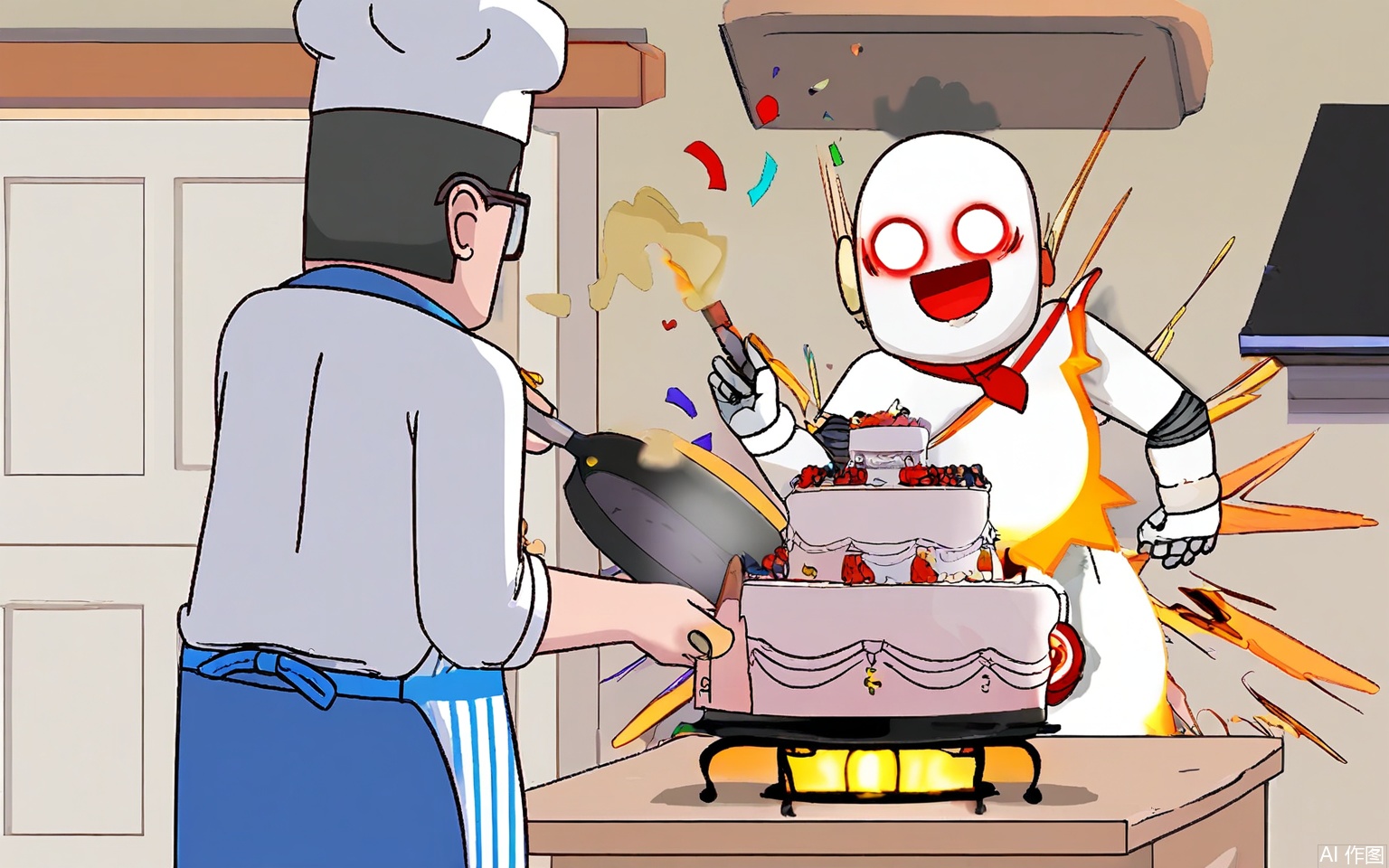 KXCC, A chubby chef in a striped apron jumps in surprise, holding a smoking frying pan, while a slender robot with glowing eyes cowers behind a toppled cake stand, confetti exploding in rainbow bursts around a kitchen with sentient utensils.
