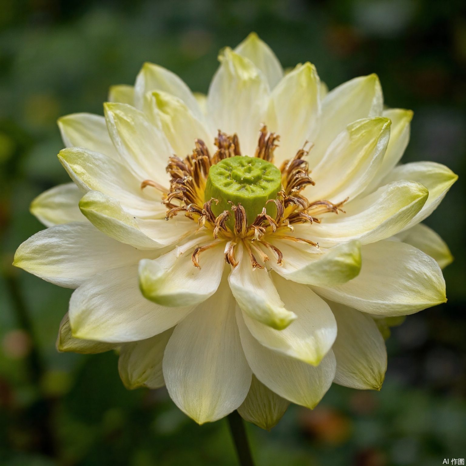 key-998-key, The image shows a single blooming flower, likely a lotus. The flower has multiple layers of broad, delicate petals that are predominantly white with hints of cream or light green on their tips. The petals are smooth and appear soft, arranged symmetrically around the central part of the flower.

The center of the flower features a prominent seed pod that is green in color, round and slightly protruding. Surrounding the seed pod are delicate, often curved brown stamens. The flower appears to be fully open, showcasing its intricate structure.

The background is blurred, which suggests a focus on the flower itself, but there are no visible leaves, stems, or roots present in the image that allow for further description.