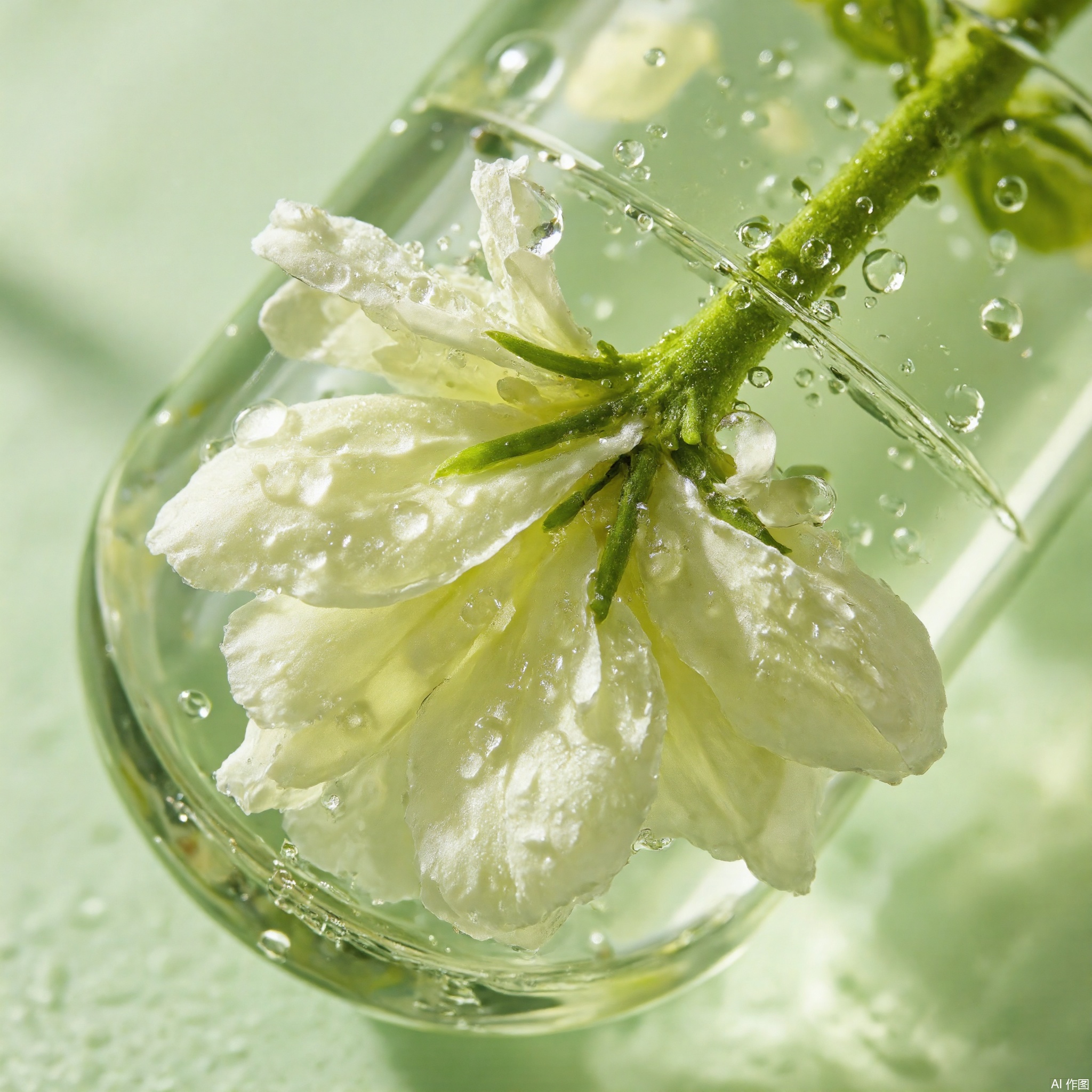 This is a close-up of a beauty brand advertisement, with green and white as the main colors. The picture shows the internal structure of the white tea petals. The white tea flower is placed in a transparent glass round glass tube, which is filled with light green liquid, and tiny water droplets can be seen in it. The background is light green and white, highlighting the details 