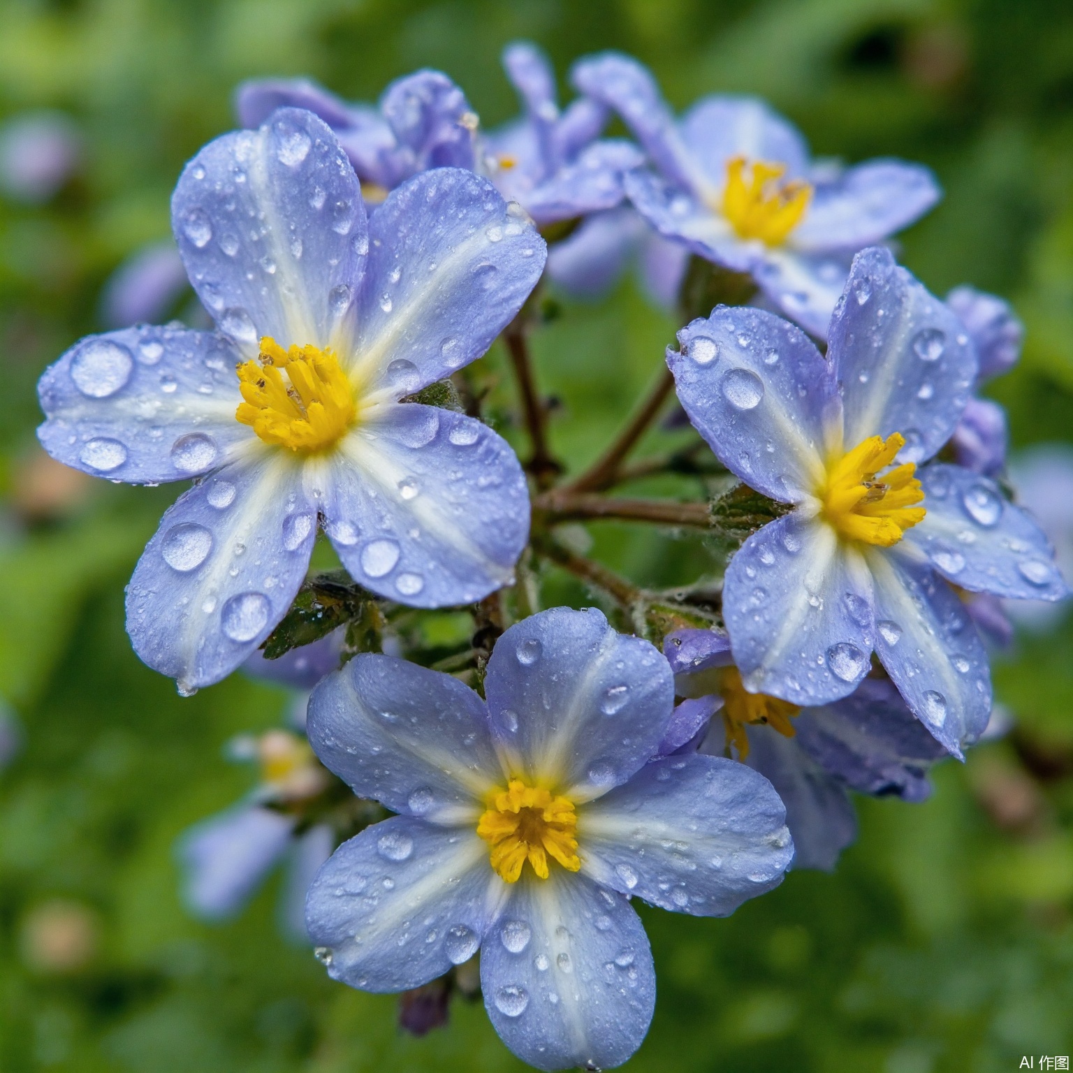 key-998-key, The image depicts several flowers with pale blue petals, featuring prominent water droplets on their surfaces. Each flower has five petals, arranged symmetrically around a central yellow disk. The petals are oval-shaped with a smooth edge and a slightly curved formation, giving them a delicate appearance. The contrast between the blue petals and the yellow center creates an attractive visual appeal.

Although the image highlights the flowers predominantly, the background suggests lush green leaves, indicative of healthy foliage. The stems are not prominently visible, but where they can be inferred, they appear to be slender and possibly branched, consistent with typical flowering plants. There is no visible root system, but the presence of flowering suggests well-developed underground structures supporting nutrient intake. The arrangement of flowers seems to be in clusters, a common characteristic of several blooming plant species.