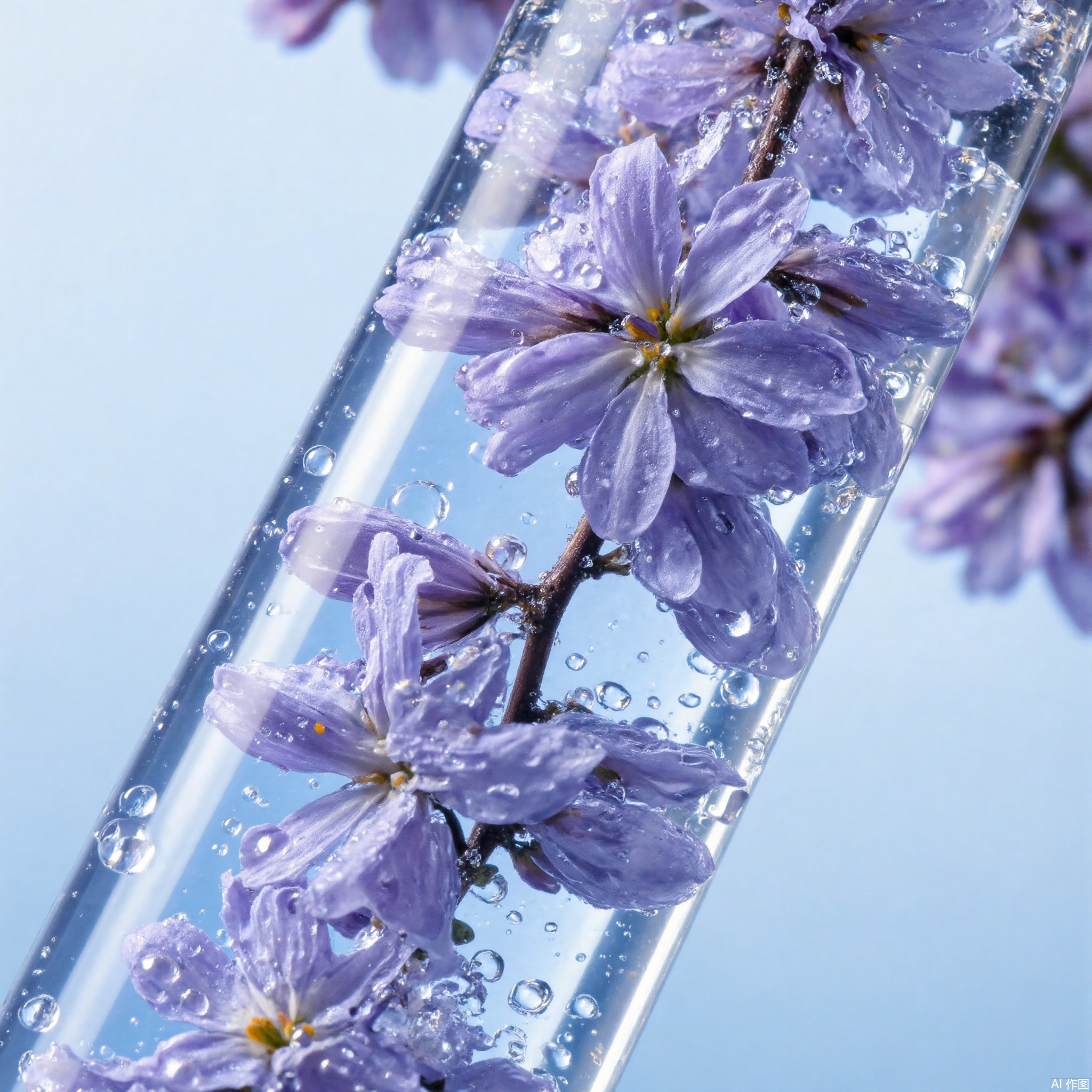 This is a close-up of the beauty brand advertising, with blue and white being the main colors. The figure shows the internal structure of the lilac petals. Lilac flowers are placed in a transparent round glass tube filled with light blue liquid, where tiny drops of water can be seen. The background is light blue and white, highlighting the details,key-998-key
