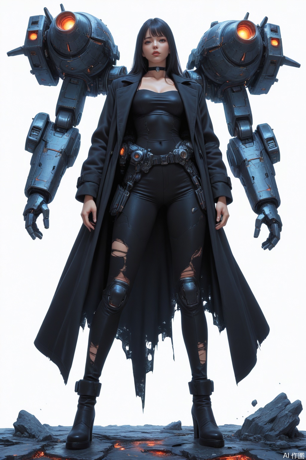 1girl,(full_body:1.2),glowing,machinery,mecha,robot,sciencefiction,(white background:1.2),rich colors,high contrast,sexy full shot body photo of the most beautiful artwork in the world,illustration,cinematic light,fantasy,highres,highest quallity,ultra detailed,best quality,masterpiece,(detailed face),(slutty) woman wears a shirt and (torn) fullbody (transparent galaxy) cloths coat,floating cloth,see throug,choker,fantasy forest with glowing neon details,