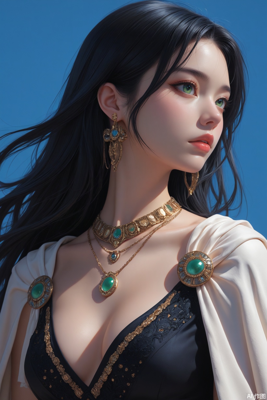 1girl, solo, black hair, long hair, jewelry, green eyes, necklace, earrings, upper body, cape, blue background,
masterpiece,raw quality,best quality,HD,extremely detailed,high definition,stunning beautiful, 