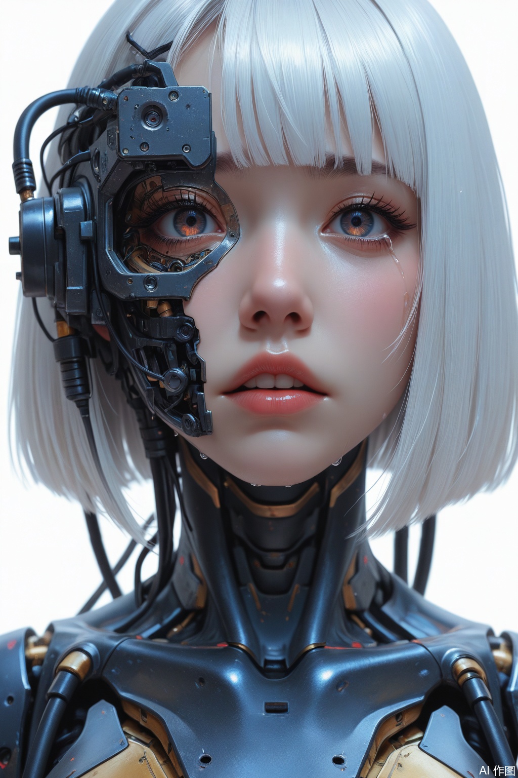 masterpiece,realistic,Camera Depth of field,cyberpunk,Camera Depth of field,glitches squares in random places,technical macro writing resembling an qr-code,(HUD elements:1.2),closeup portrait,white background,female focus,woman,beautiful,half robot face,solo,upper body,assassin,scope,(mechanical parts,:1.3) (wires and cables:2),weapon,abstract,cyberpunk,1girl,solo,white hair,short hair,tears,parted lips,bangs,portrait,crying,cyberpunk,android,crying with eyes open,blunt bangs,science fiction,mechanical parts,bob cut,lips,looking at viewer,teeth,