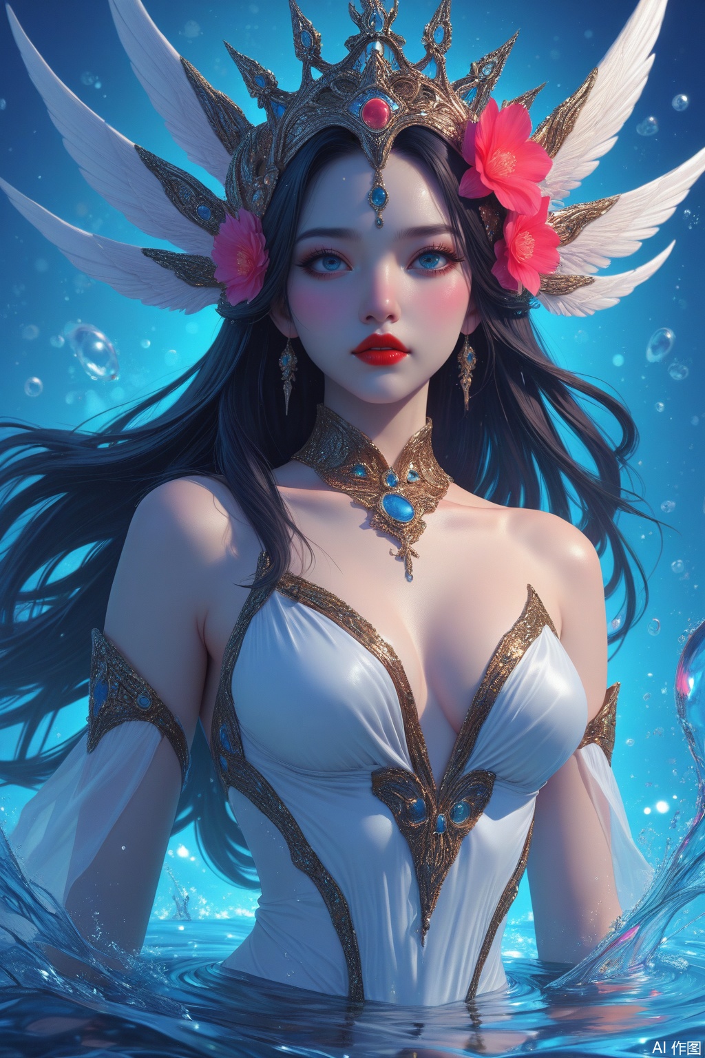 Animation CG art, royal female, delicate face with red lips, internet celebrity face, mysterious Valkyrie, fantasy 4K, Queen of the Sea, Shiva, Flower City, delicate skin texture, profound eyes, gorgeous headgear, marine background, dynamic water ripples, contrast of warm and cool colors, highlight details, soft light effect, mysterious atmosphere.,,in clothes