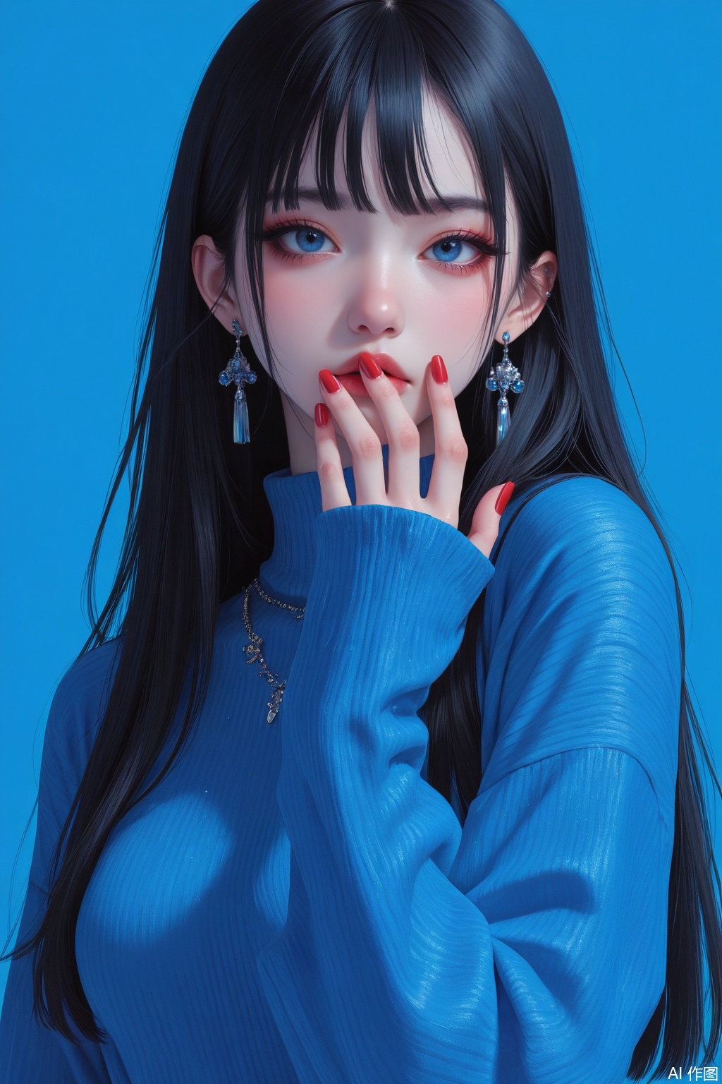 1girl,black hair,pure Klein blue color clothes,blue background,earrings,long hair,nail polish,red nails,sleeves past wrists,solo,
masterpiece,raw quality,best quality,HD,extremely detailed,high definition,stunning beautiful, This is a highly detailed digital artwork featuring a fantastical,ethereal character with a blend of Asian and fantasy elements. 
