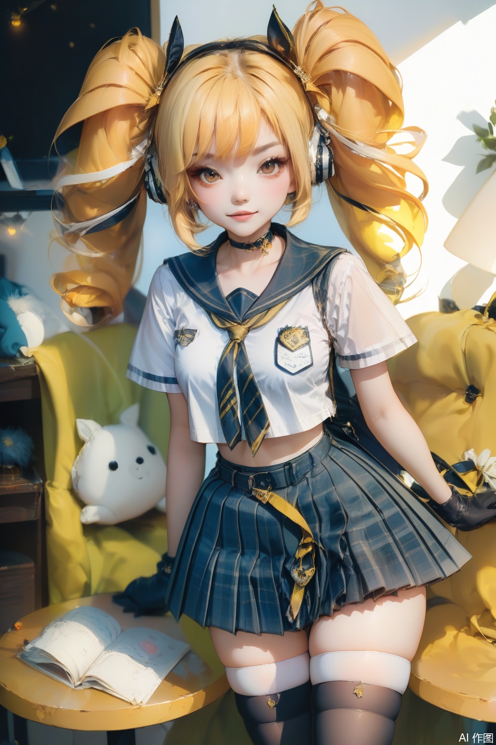 score_9,score_8_up,score_7_up,,1girl, solo, long hair, looking at viewer, bangs, skirt, blonde hair, shirt, thighhighs, gloves, ribbon, twintails, brown eyes, school uniform, white shirt, short sleeves, pleated skirt,Thigh exposed,thighhighs,looking at viewer,in a meadow,in a meadow,