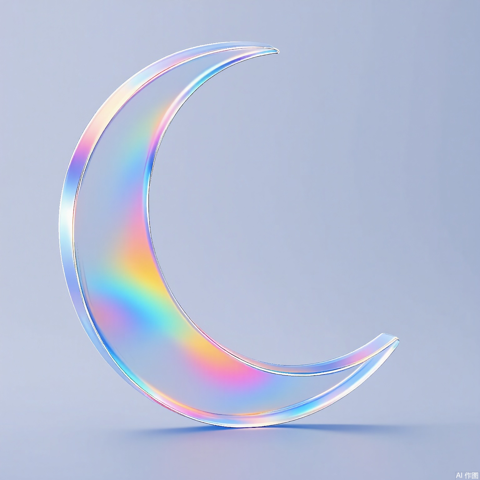 CHBL,
A geometric crescent moon rendered in translucent holographic layers, blending tangerine and violet hues. Set against a pale gray-blue canvas, it casts a diffused glow mimicking lunar phases.
