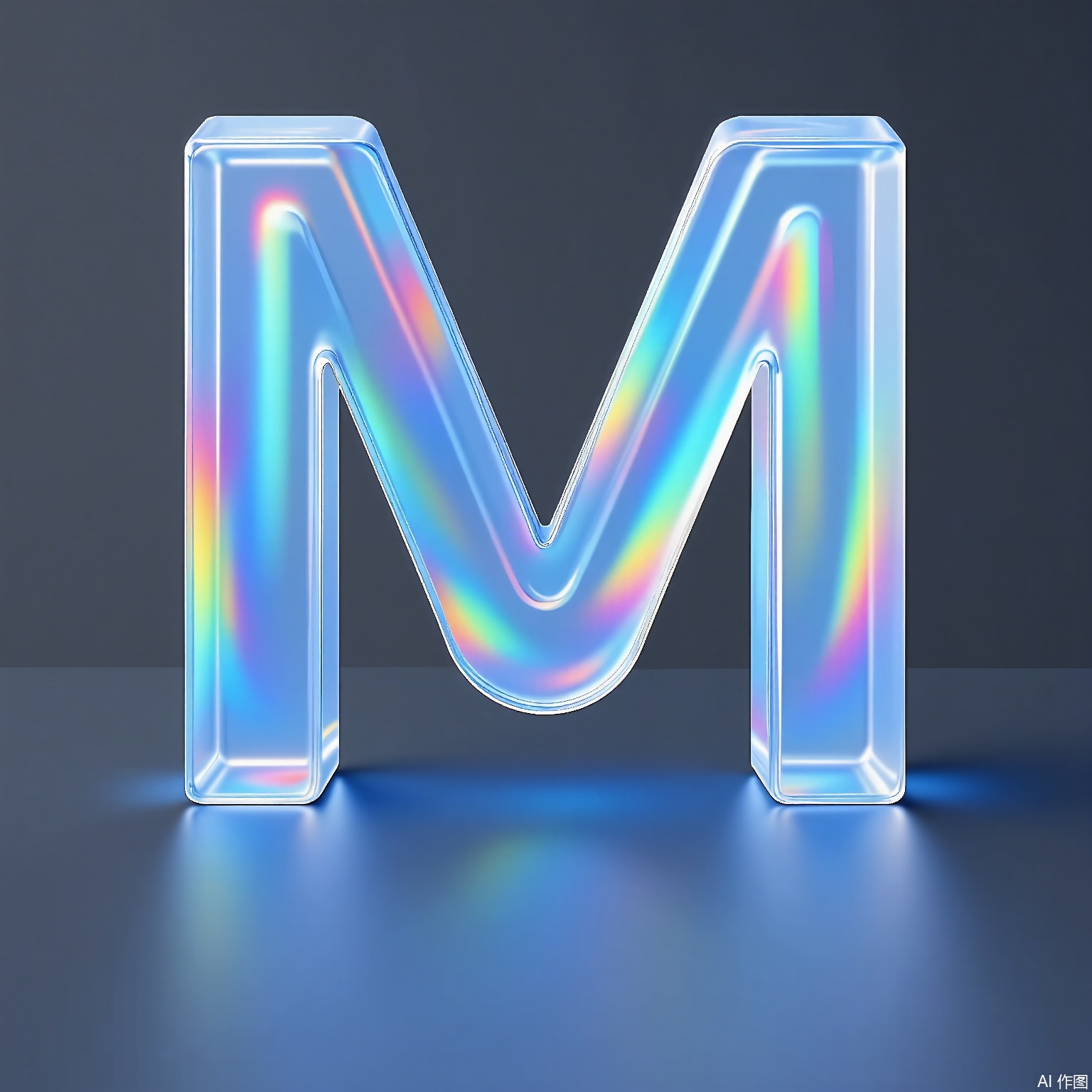CHBL,
A glowing "M" formed by intertwined neon tubes, filled with a translucent gradient from electric lime to deep indigo. The base shadow mimics a levitation effect on a charcoal-gray surface.
