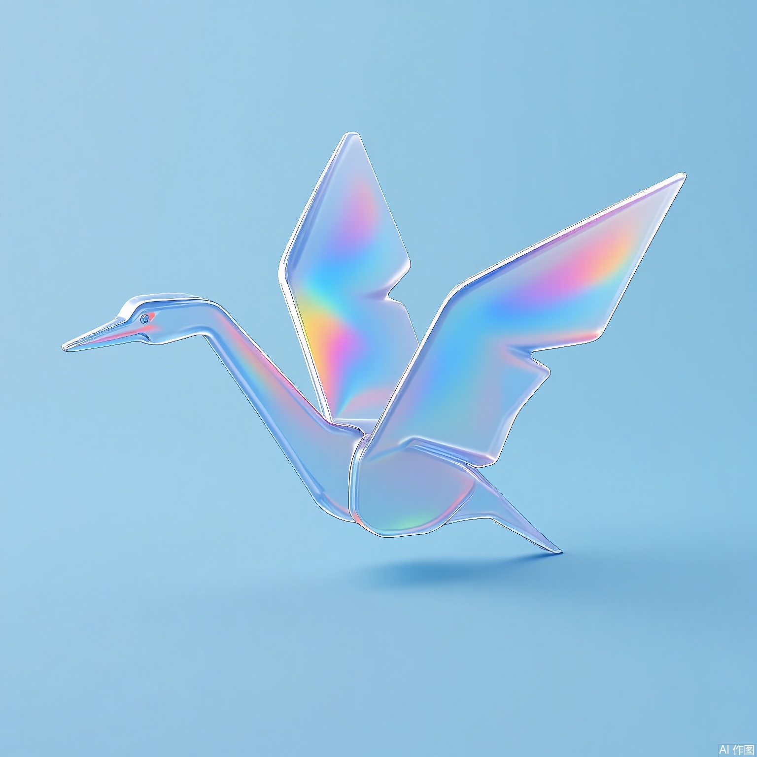 CHBL,
A 3D origami crane with iridescent wings, transitioning from sky blue to sunrise pink. Its folded form creates dynamic shadows on a misty aqua backdrop.
