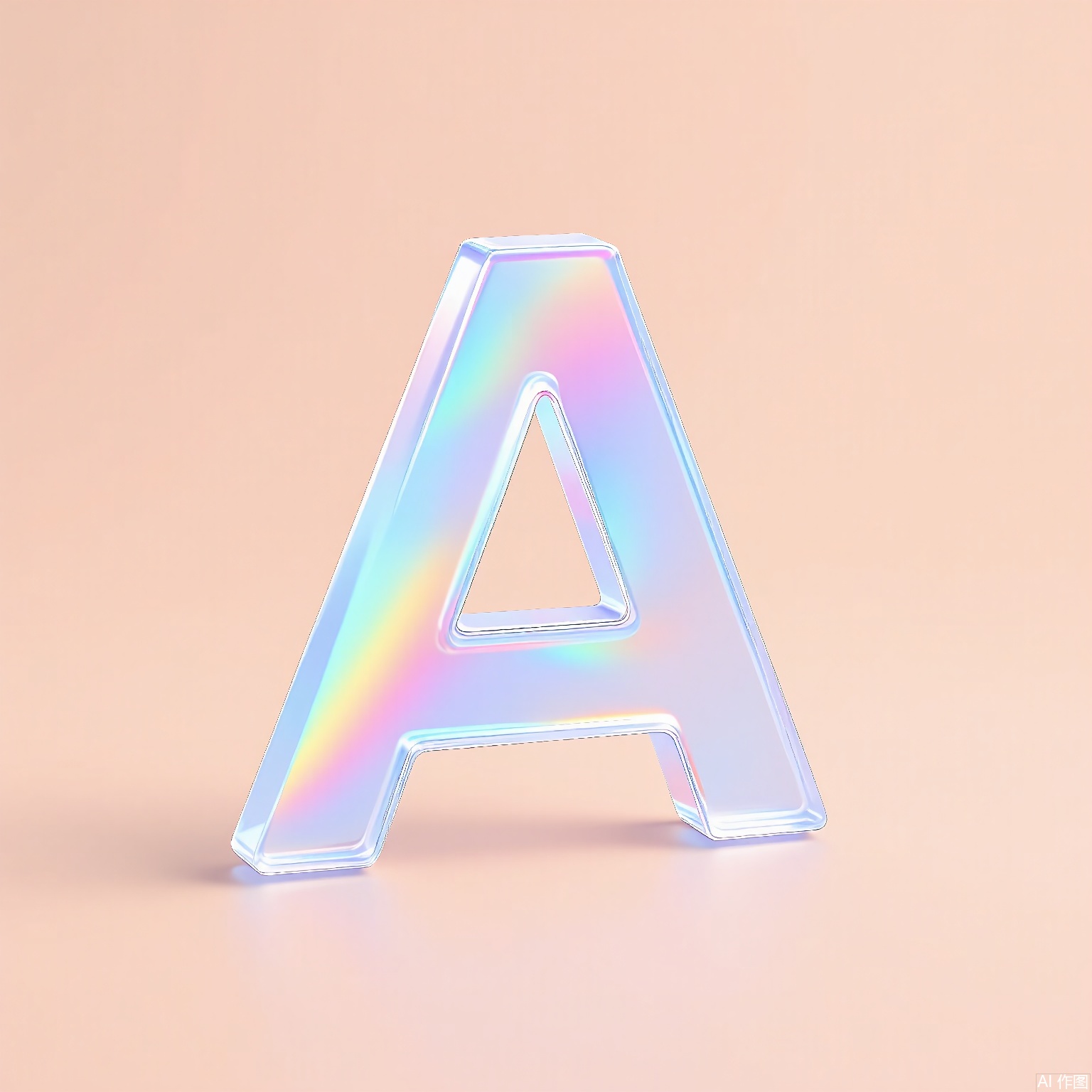 CHBL,
A 3D transparent iridescent "A" with a gradient shifting from lavender to mint green, hovering above a soft peach background. Its edges catch the light with a prismatic glow, accented by a subtle radial shadow beneath.
