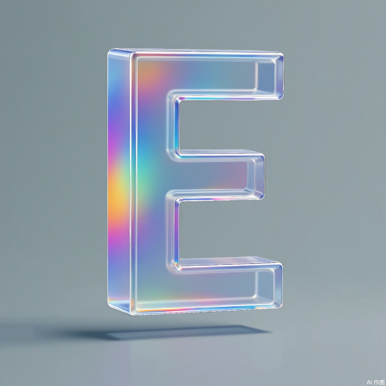 CHBL,
A floating "E" with angular, glass-like faces, transitioning from ruby red to amethyst. Its sharp edges create a crisp shadow on a foggy gray-green backdrop.
